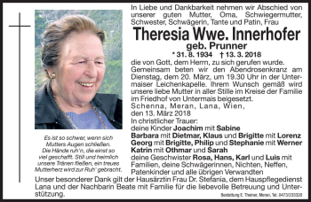 Traueranzeige von Theresia Innerhofer von Dolomiten