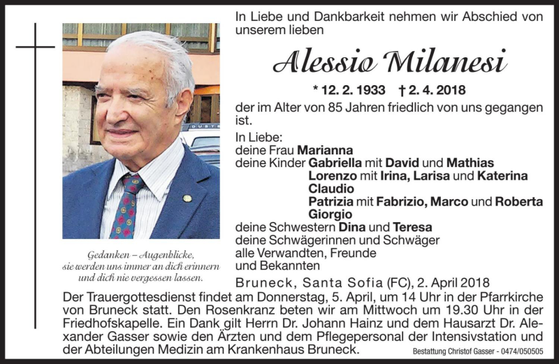  Traueranzeige für Alessio Milanesi vom 03.04.2018 aus Dolomiten