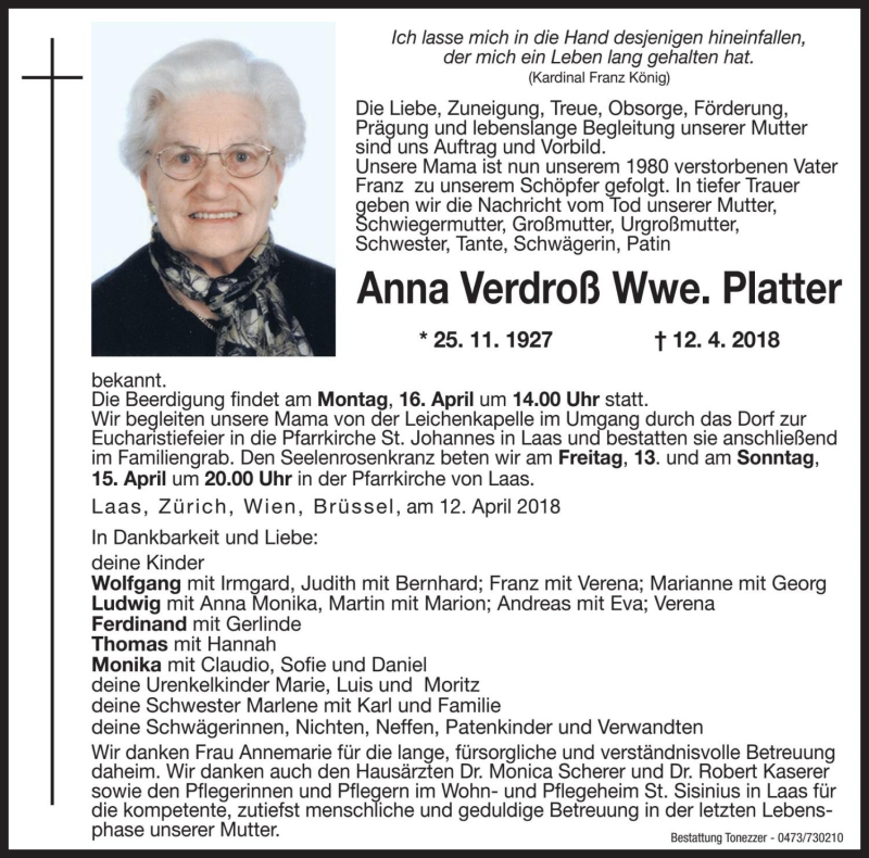  Traueranzeige für Anna Platter vom 13.04.2018 aus Dolomiten
