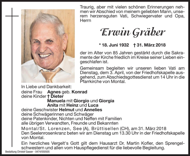  Traueranzeige für Erwin Gräber vom 03.04.2018 aus Dolomiten