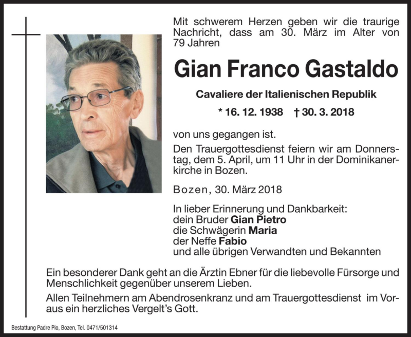  Traueranzeige für Gian Franco Gastaldo  vom 04.04.2018 aus Dolomiten