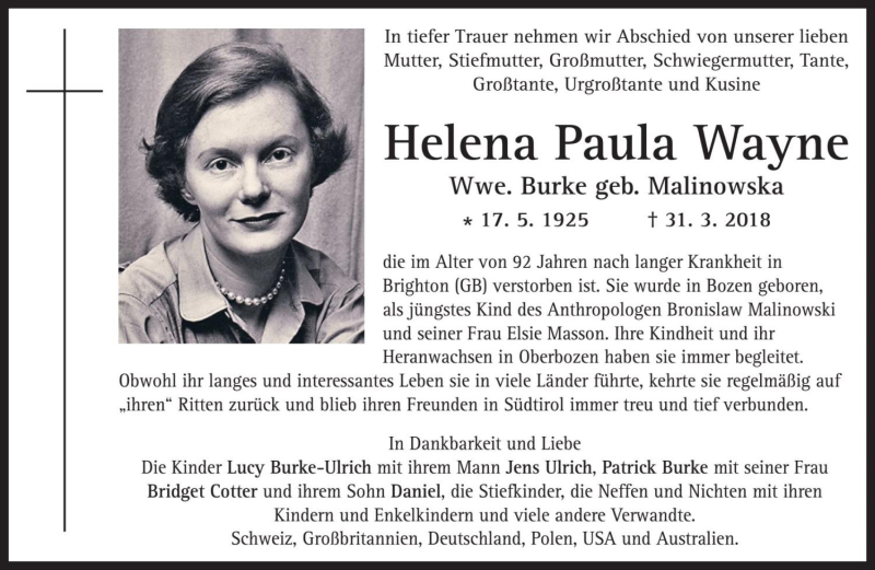  Traueranzeige für Helena Paula Wayne Burke vom 07.04.2018 aus Dolomiten