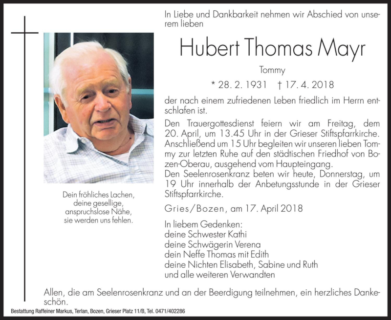  Traueranzeige für Hubert Thomas Mayr vom 19.04.2018 aus Dolomiten