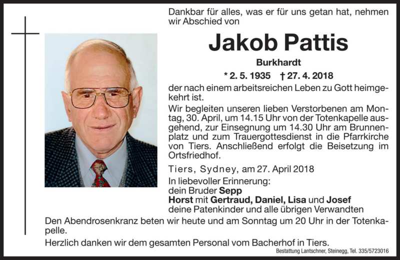  Traueranzeige für Jakob Pattis vom 28.04.2018 aus Dolomiten