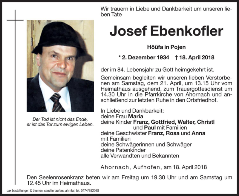  Traueranzeige für Josef Ebenkofler vom 20.04.2018 aus Dolomiten