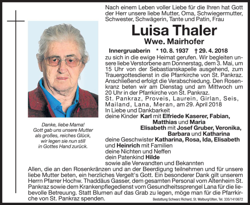  Traueranzeige für Luisa Mairhofer vom 30.04.2018 aus Dolomiten