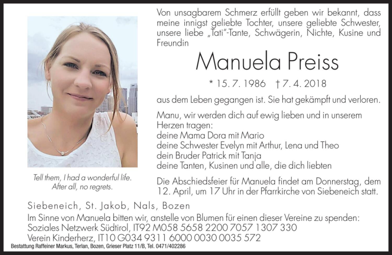  Traueranzeige für Manuela Preiss vom 11.04.2018 aus Dolomiten