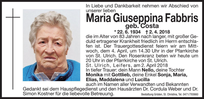  Traueranzeige für Maria Giuseppina Fabbris vom 03.04.2018 aus Dolomiten