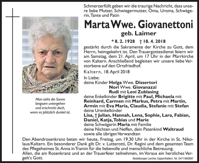  Traueranzeige für Marta Giovanettoni vom 20.04.2018 aus Dolomiten