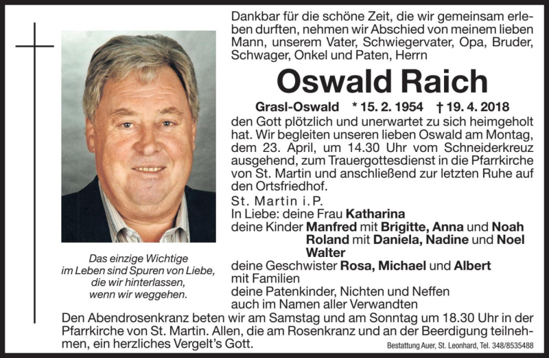  Traueranzeige für Oswald Raich vom 21.04.2018 aus Dolomiten