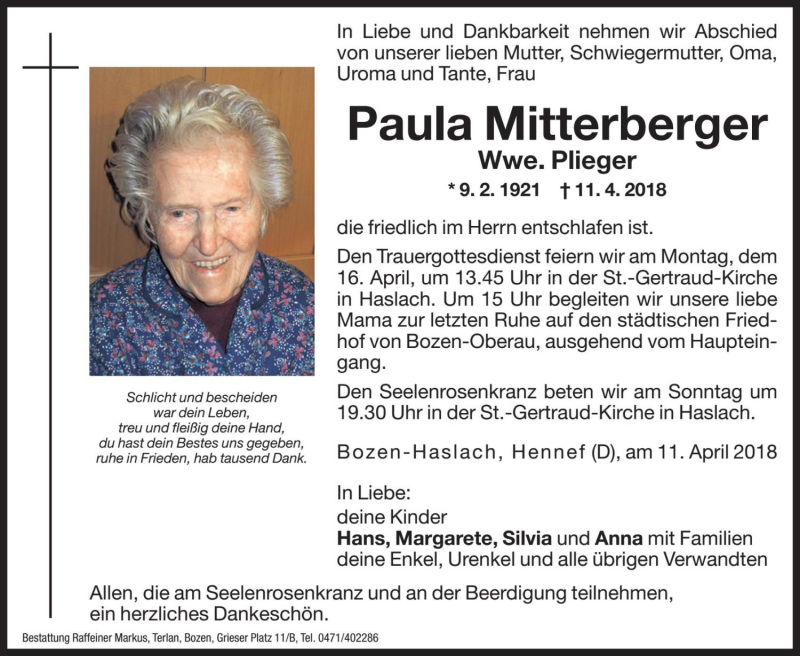  Traueranzeige für Paula Plieger vom 13.04.2018 aus Dolomiten
