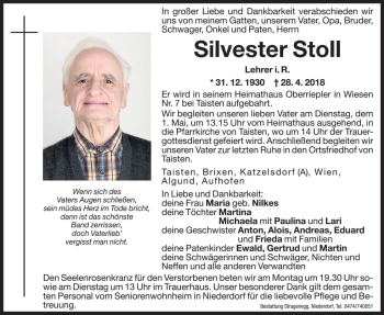 Traueranzeige von Silvester Stoll von Dolomiten