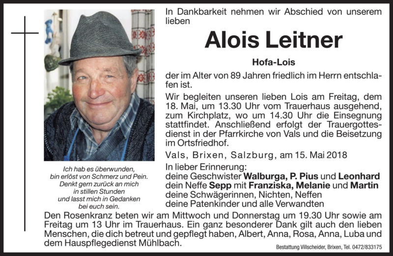  Traueranzeige für Alois Leitner vom 16.05.2018 aus Dolomiten