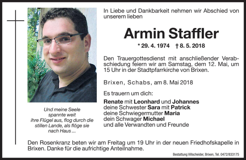  Traueranzeige für Armin Staffler vom 11.05.2018 aus Dolomiten
