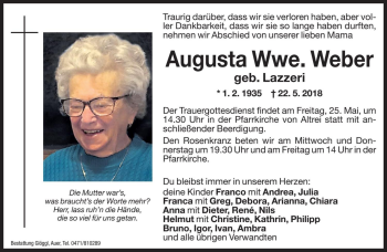 Traueranzeige von Augusta Weber von Dolomiten