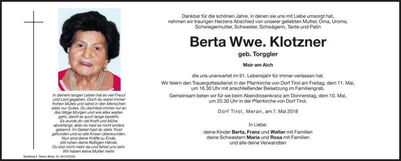  Traueranzeige für Berta Klotzner vom 09.05.2018 aus Dolomiten