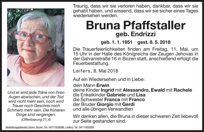  Traueranzeige für Bruna Pfaffstaller vom 10.05.2018 aus Dolomiten