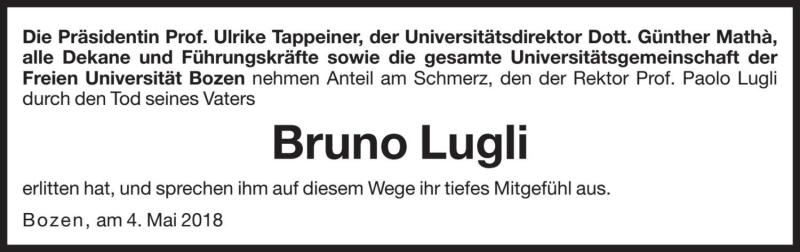  Traueranzeige für Bruno Lugli vom 05.05.2018 aus Dolomiten