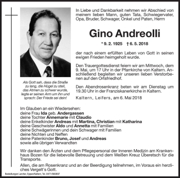 Traueranzeige von Gino Andreolli von Dolomiten