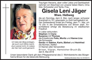 Traueranzeige von Gisela Leni Hellweg von Dolomiten