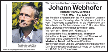 Traueranzeige von Johann Webhofer von Dolomiten