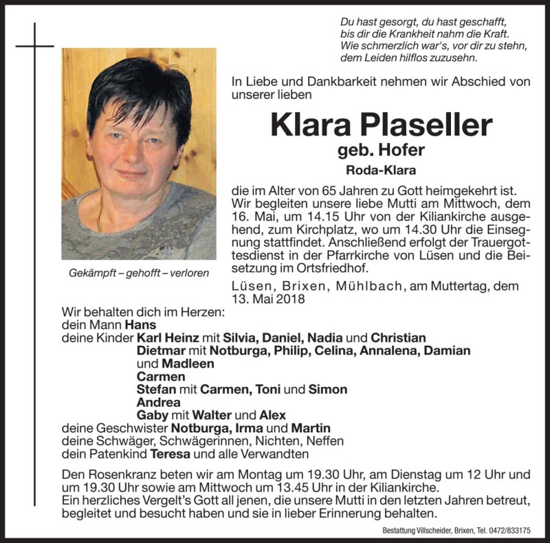  Traueranzeige für Klara Plaseller vom 14.05.2018 aus Dolomiten