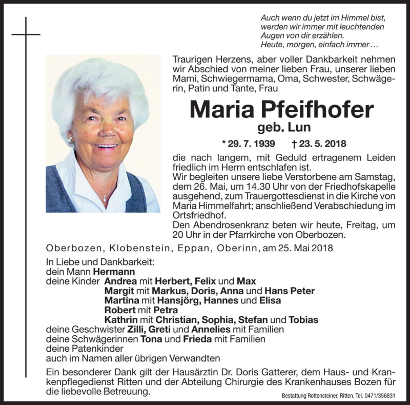  Traueranzeige für Maria Pfeifhofer vom 25.05.2018 aus Dolomiten