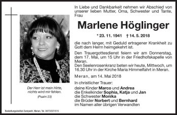 Traueranzeige von Marlene Höglinger von Dolomiten