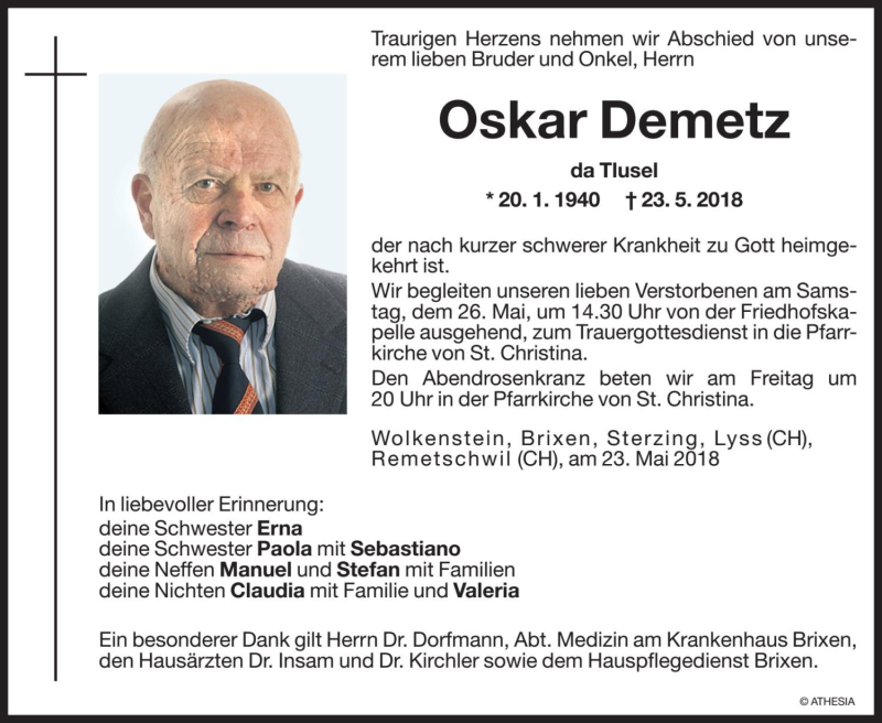  Traueranzeige für Oskar Demetz vom 24.05.2018 aus Dolomiten