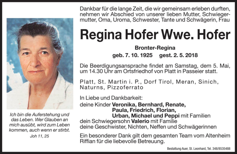  Traueranzeige für Regina Hofer vom 04.05.2018 aus Dolomiten