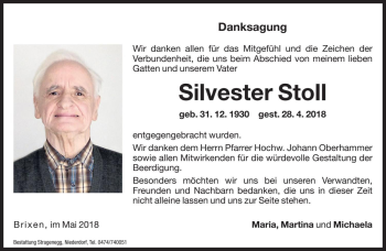 Traueranzeige von Silvester Stoll von Dolomiten