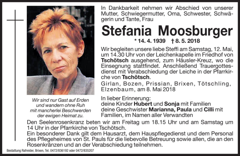  Traueranzeige für Stefania Moosburger vom 11.05.2018 aus Dolomiten