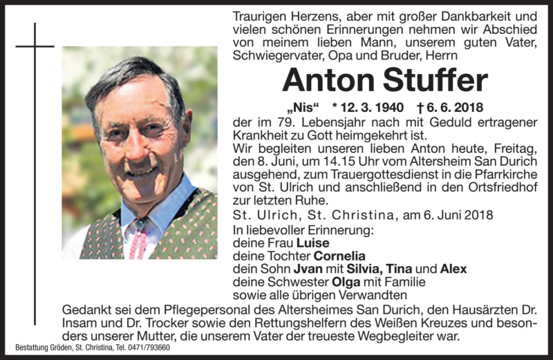  Traueranzeige für Anton Stuffer vom 08.06.2018 aus Dolomiten