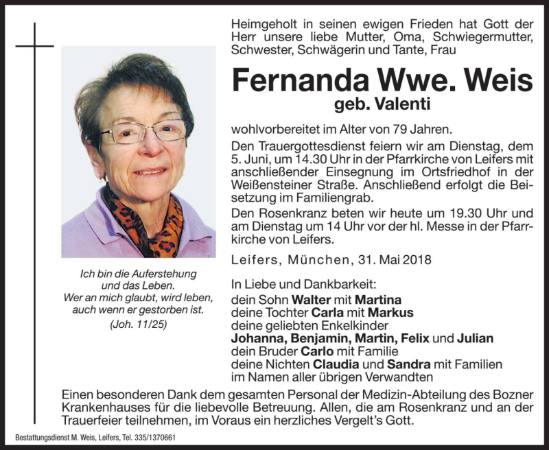  Traueranzeige für Fernanda Weis vom 04.06.2018 aus Dolomiten