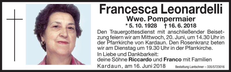 Traueranzeige für Francesca Pompermaier vom 18.06.2018 aus Dolomiten