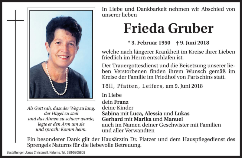  Traueranzeige für Frieda Gruber vom 13.06.2018 aus Dolomiten