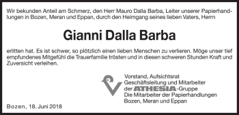 Traueranzeige von Gianni Dalla Barba von Dolomiten