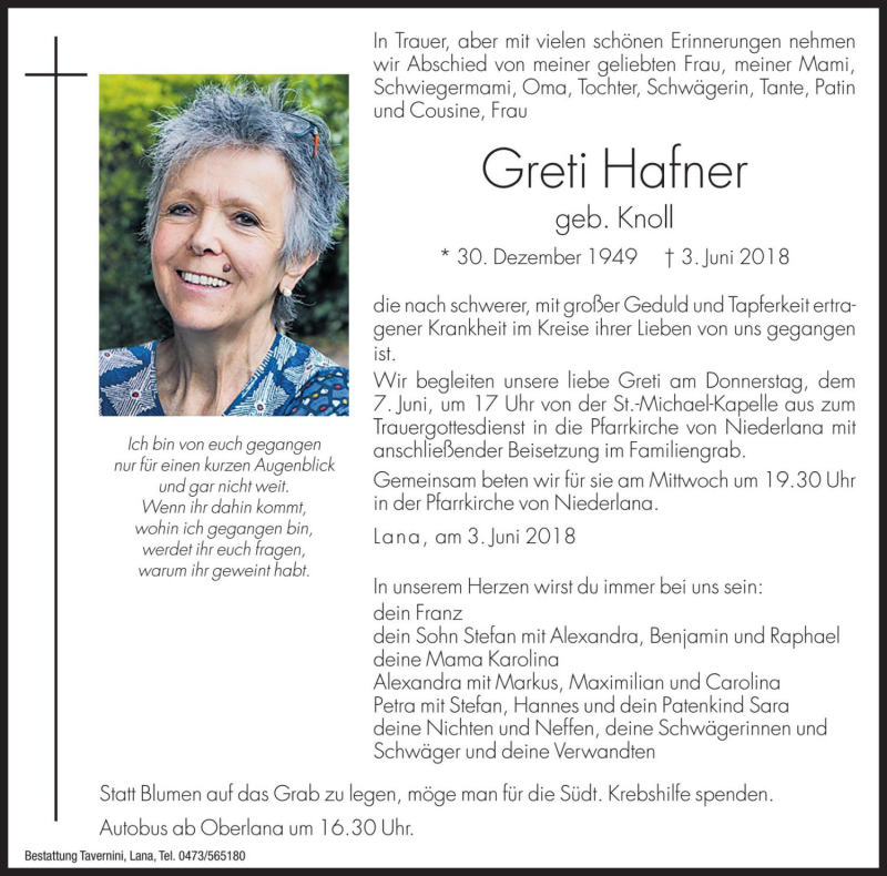  Traueranzeige für Greti Hafner vom 05.06.2018 aus Dolomiten