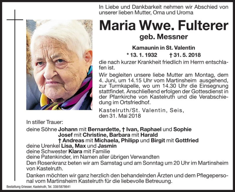  Traueranzeige für Maria Fulterer vom 01.06.2018 aus Dolomiten