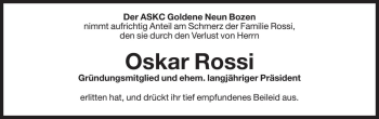 Traueranzeige von Oskar Rossi von Dolomiten