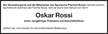 Traueranzeige von Oskar Rossi von Dolomiten