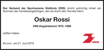 Traueranzeige von Oskar Rossi von Dolomiten