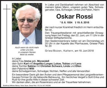 Traueranzeige von Oskar Rossi von Dolomiten