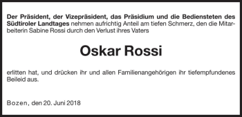 Traueranzeige von Oskar Rossi von Dolomiten