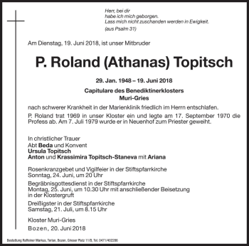 Traueranzeige von Roland Topitsch von Dolomiten