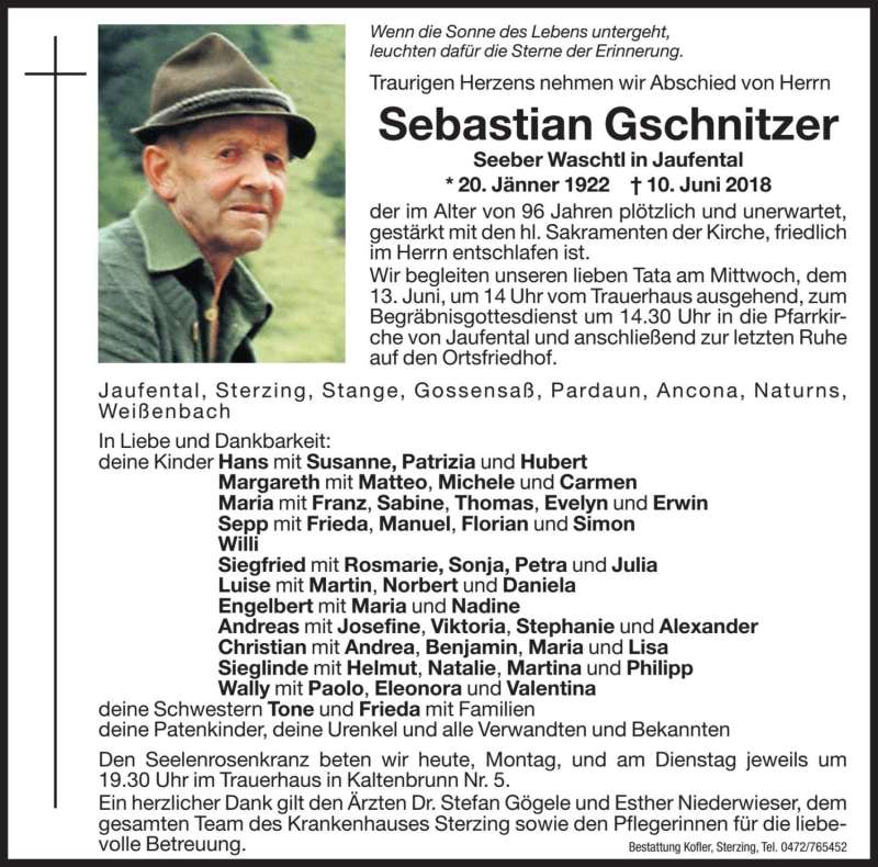  Traueranzeige für Sebastian Gschnitzer vom 11.06.2018 aus Dolomiten