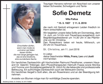 Traueranzeige von Sofie Demetz von Dolomiten