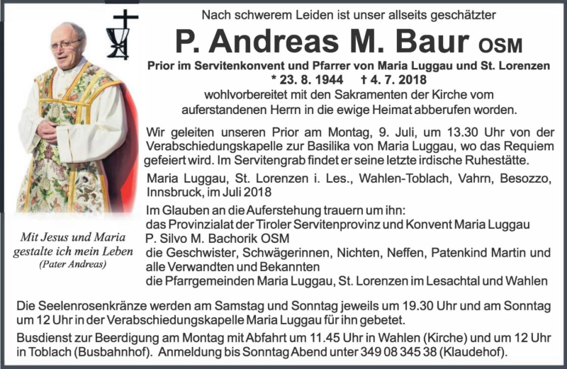  Traueranzeige für Andreas Baur vom 07.07.2018 aus Dolomiten
