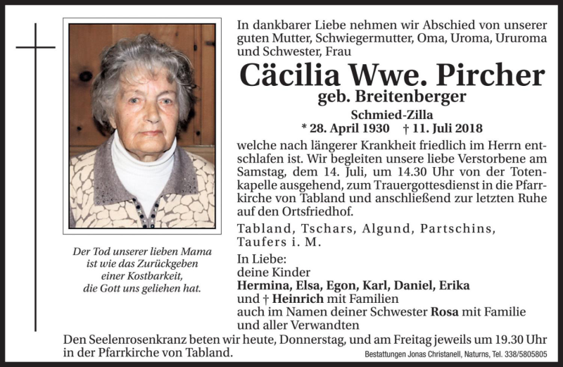 Traueranzeige für Cäcilia Pircher vom 12.07.2018 aus Dolomiten