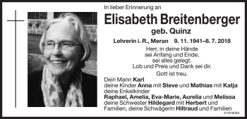 Traueranzeige von Elisabeth Breitenberger von Dolomiten